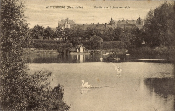 Postcard Lutherstadt Wittenberg, Swan Pond