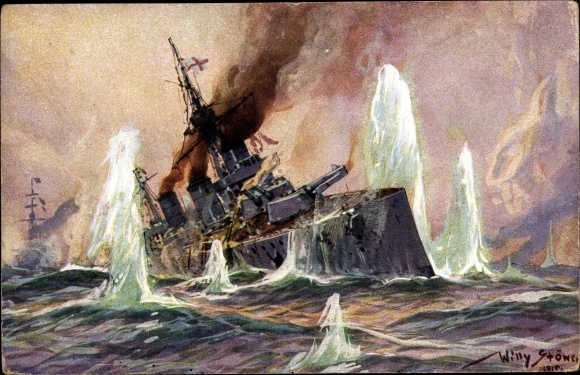 Artist PC Stöwer, Willy, Naval Battle North Sea 1915, English battle cruiser, German cruiser