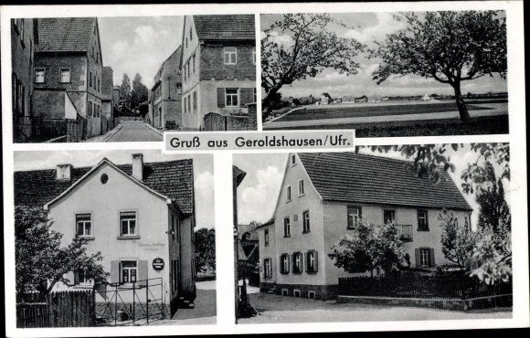Postcard Geroldshausen Unterfranken, bakery, town views
