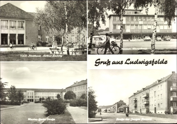 Postcard Ludwigsfelde in Brandenburg, FDGB clubhouse Arthur Ludwig, youth street, department store