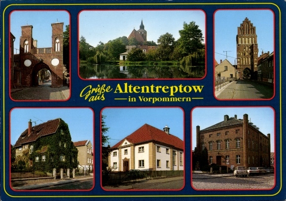 Ak Altentreptow in Mecklenburg, Vorpommern, gedeeltelijk uitzicht, torens, boog