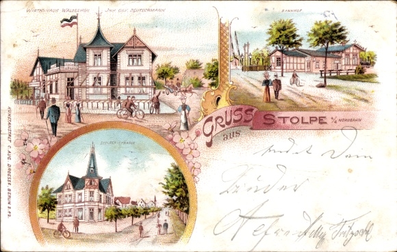Litho Stolpe an der Nordbahn Hohen Neuendorf, Wirtshaus Waldeshöhe, Bahnhof, Stolper Straße