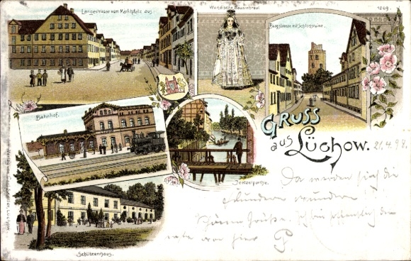 Chromo-Litho Lüchow in Wendland, Wendish peasant bride, train station, shooting range, castle