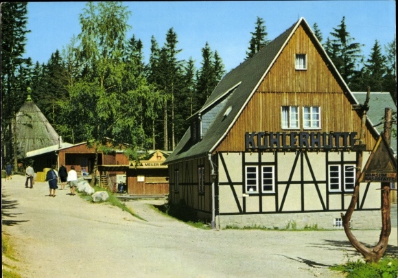 Postcard Sosa Eibenstock in the Erzgebirge, consumer restaurants Köhlerhütte and Meiler, dam of peace
