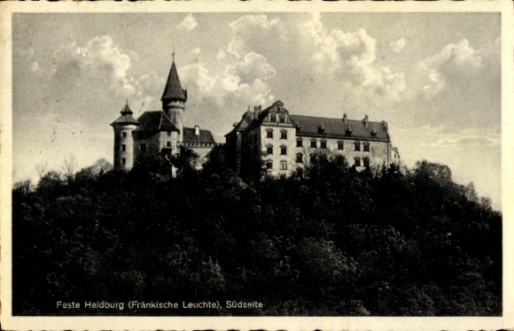 Postcard Heldburg in Thuringia, fortified south side, castle landscape, clouds