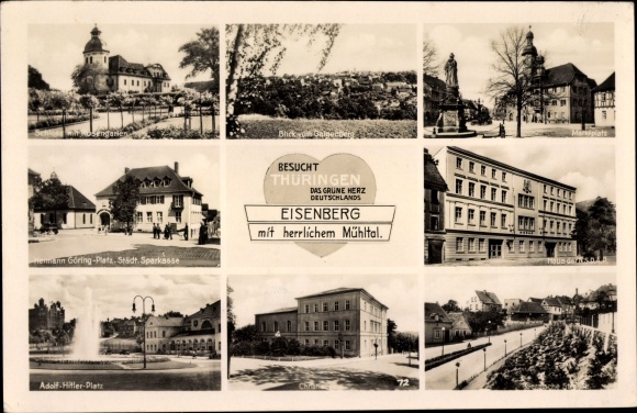 Postcard Eisenberg in Thuringia, Mühltal, castle with castle garden, market square, Adolf-Hitler-Platz