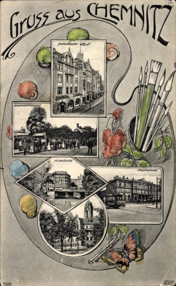 Postcard Chemnitz in Saxony, partial views, bridge, main station, painter's palette