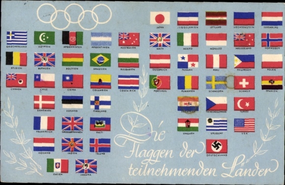 Postcard Olympia Berlin 1936, flags of the participating countries