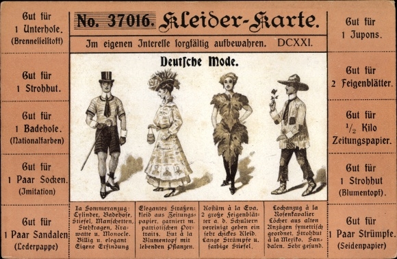 PC German fashion, clothing card, fig leaf coupon, newspaper, swimming trunks national colors