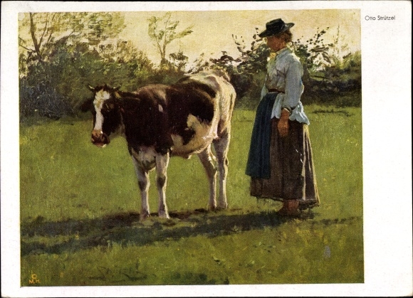 Artist PC Stützel, Otto, on the pasture, farmer&#39;s wife with cow