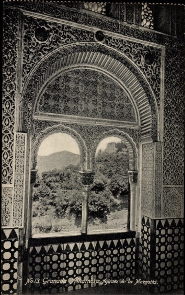 Postcard Granada Andalusia Spain, window with ornate decorations, view of landscape, Granad