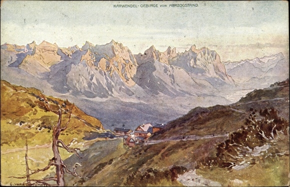 Kunstenaarskaart Compton, Edward Harrison, Mittenwald in Opper-Beieren, Karwendelgebergte vanaf de Herzogstand