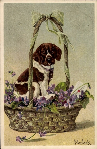 Künstler Ak Mailick, Hund im Korb voller Blumen