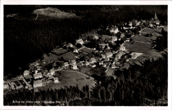 Postcard Schierke Wernigerode in the Harz Mountains, aerial view of Schierke, parts of the village, forest, church