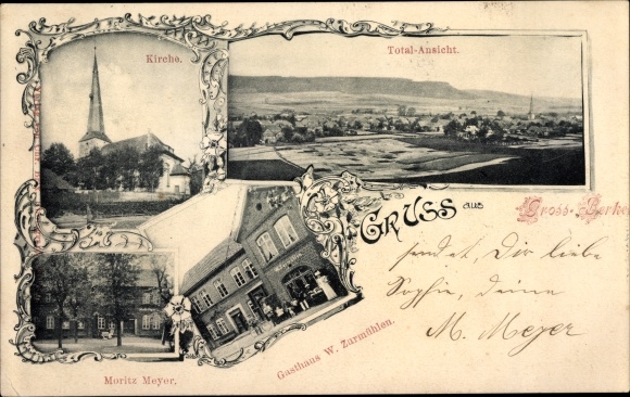 Postcard Groß Berkel Aerzen in the Weserbergland, church, inn W. Zurmühlen, house Moritz Meyer, panorama