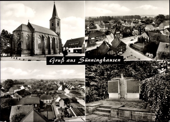 Ak Sünninghausen Oelde in de wijk Warendorf in Münsterland, gedeeltelijk uitzicht, kerk, gedenkteken