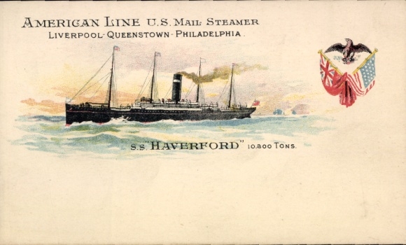 litho SS Haverford, American Line, Amerikaanse postboot