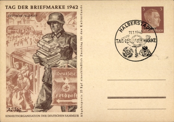 Postal stationery artist Postcard Axster Heudtlaß, Stamp Day 1942, German Field Post