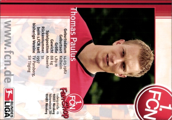 Karta z autografem piłkarza Thomasa Paulusa, 1. FC Nürnberg, autograf