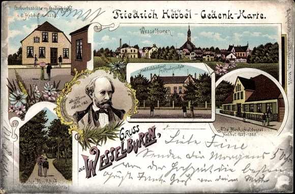litho Wesselburen in Dithmarschen, Friedrich Hebbel herdenkingskaart