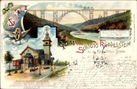 Coat of arms Chromo-Litho Solingen in North Rhine Westphalia, Küppelstein Castle, Kaiser Wilhelm Bridge, impeller