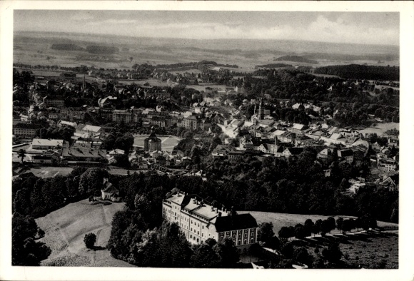 Postcard Traunstein in Upper Bavaria, aerial view of several buildings, landscape, side view, 1
