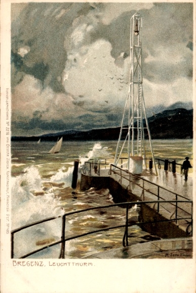 Artist Chromo-Litho Diemer, Zeno, Bregenz on Lake Constance Vorarlberg, lighthouse, surf