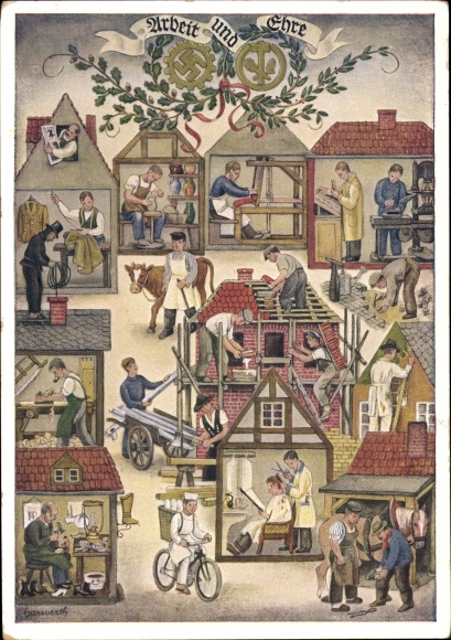 Künstler Ak Reichshandwerkertag 1936, Arbeit und Ehre, Friseur, Bäcker, Töpfer, Schornsteinfeger