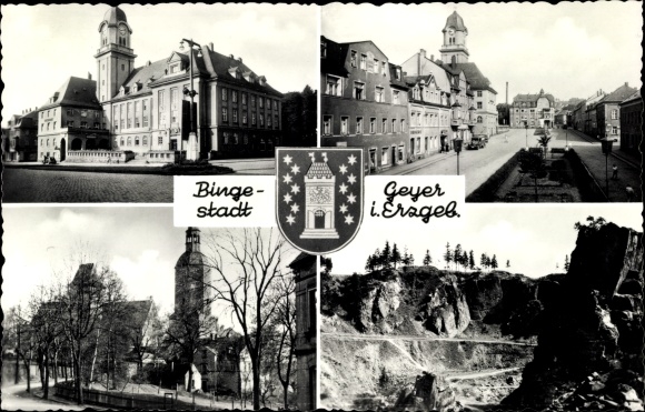 Ak Geyer in het Ertsgebergte van Saksen, stadhuis, gedeeltelijk uitzicht, binge, ingestorte tinmijn