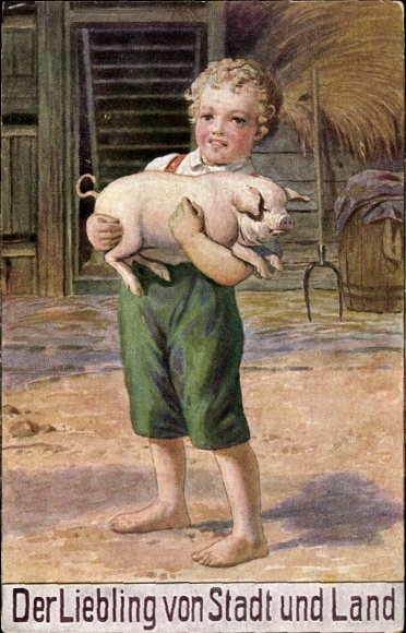 Artist Postcard Boy with Pig, The Darling of Town and Country