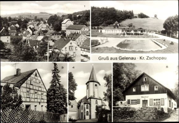 Postcard Gelenau in the Ore Mountains, overview, outdoor pool, half-timbered house, church, excursion restaurant Waldhof