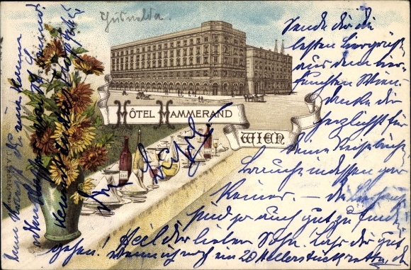 Litho Wenen 8e Josefstadt Oostenrijk, Hotel Hammerand, straatbeeld, gedekte tafel