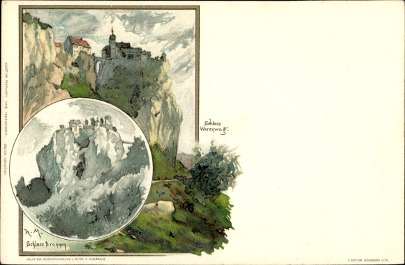 Artist Chromo-Litho mother, K.,Fridingen on the Danube, Bronnen Castle, Werenwag Castle