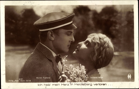 Postcard Actors Werner Fuetterer and Dorothea Wieck, I lost my heart in Heidelberg