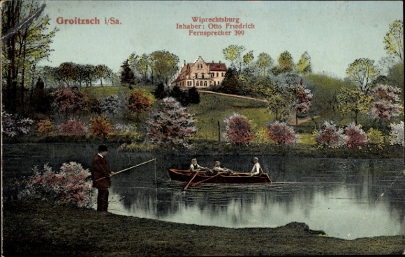 Ak Groitzsch in Sachsen,  Wiprechtsburg, Angler, Ruderboot, Blumen