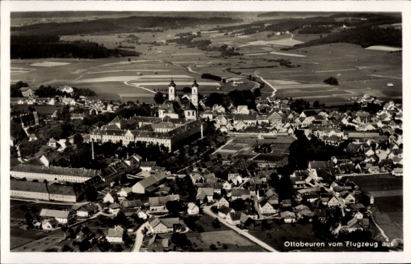 Postcard Ottobeuren in Upper Swabia Allgäu, aerial view of monastery, landscape, architecture