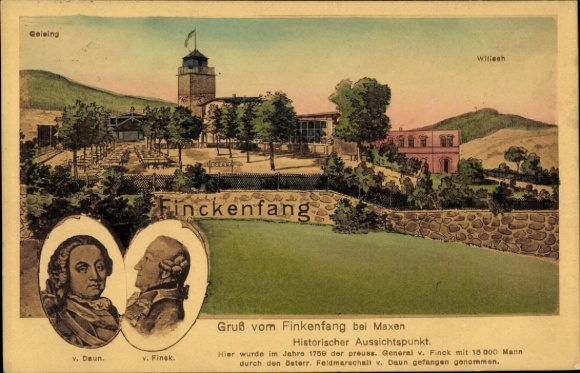 Ak Maxen Müglitztal in Saksen, Berg Finckenfang, Generaal v. Finck, veldmaarschalk v. Daun, Portretten