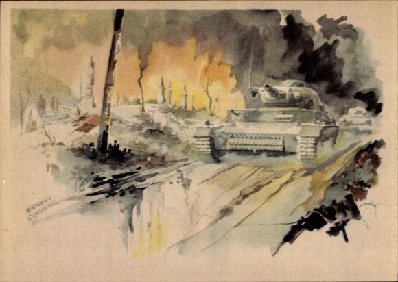 Artist Postcard Schneider, H., The attack continues, Wehrmacht, Panzer IV, Russian campaign, II WW