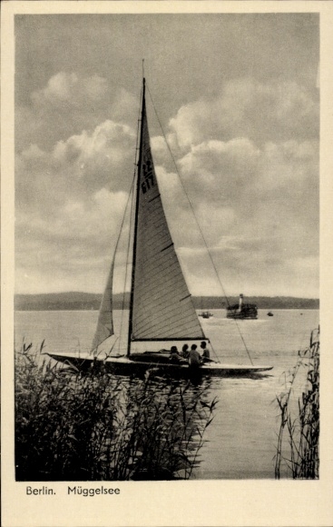 Postcard Berlin Köpenick, Müggelsee, sailing boat on the Müggelsee in Berlin
