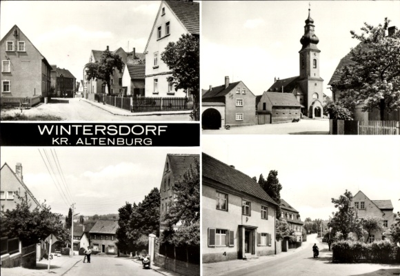 Ak Wintersdorf Meuselwitz in Thüringen, August-Bebel-Straße, Kirchplatz, Altenburger Straße