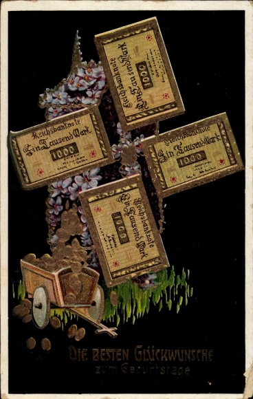 PC birthday greetings, thousand marks, coins wagon