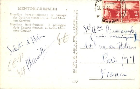 Postcard Menton Grimaldi Alpes Maritimes, French-Italian border, customs, Garavan