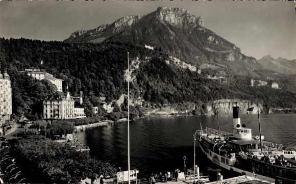 Postcard Brunnen Kt. Schwyz Switzerland, Lake Lucerne, Steamer Wilhelm Tell, Grand Hotel