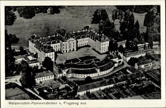 Postcard Pommersfelden in Upper Franconia, Weißenstein, aerial photograph