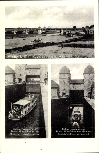 PC Minden in Westphalia, canal bridge, saloon passenger ship Porta Westfalica, shaft lock