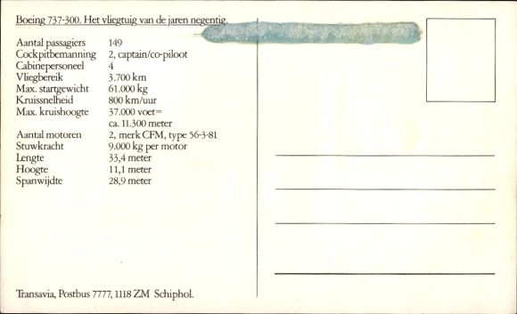 Postcard Dutch passenger aircraft, Boeing 737 300, Transavia