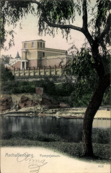 Postcard Aschaffenburg in Lower Franconia, Pompejanum, river and trees