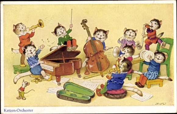 Künstler Ak Baumgarten, Fritz, Katzenorchester, vermenschlichte Katzen
