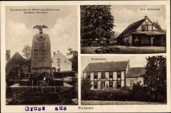 Postcard Reitwein im Oderbruch, war memorial, old forge, children&#39;s home