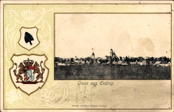 Präge Wappen Ak Erding in Oberbayern, Gesamtansicht